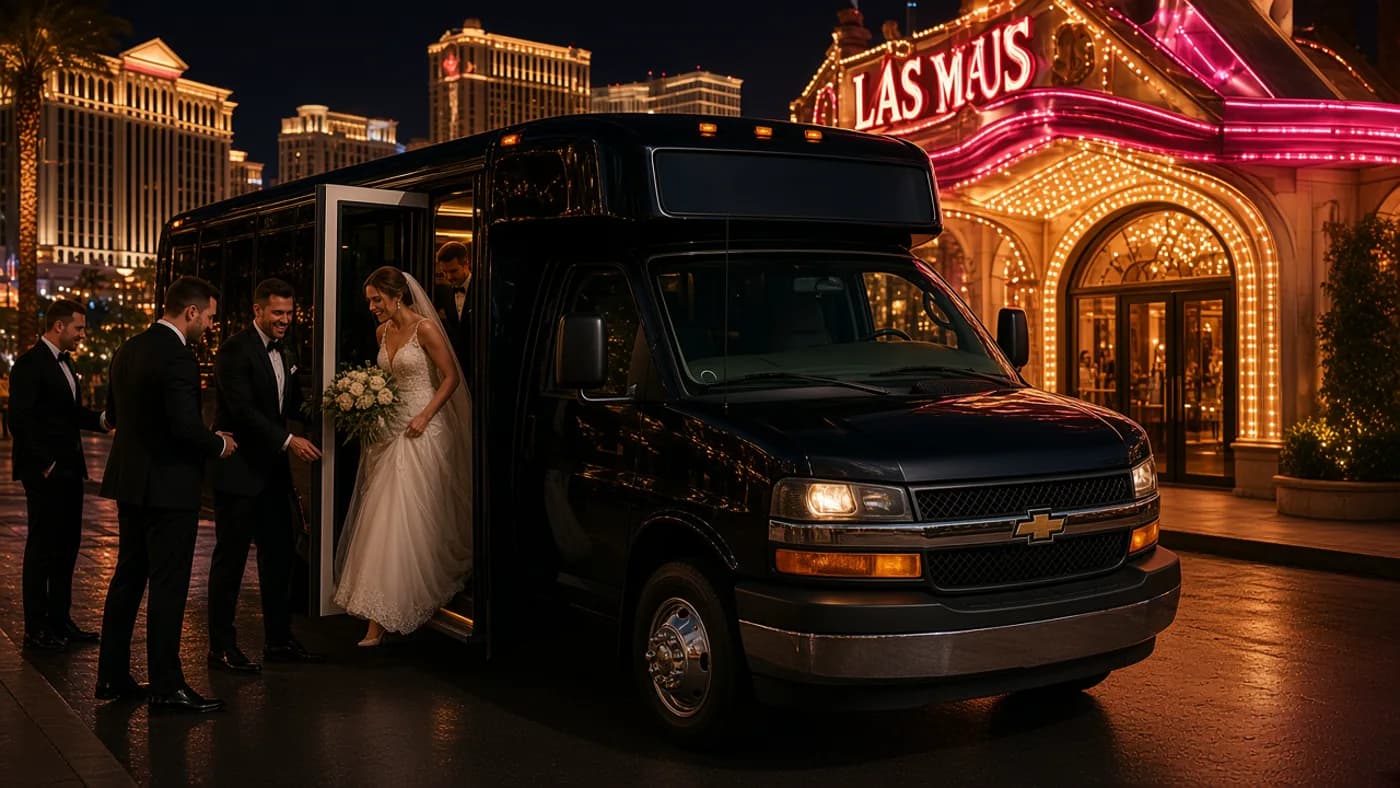 Las Vegas wedding party boarding a party bus